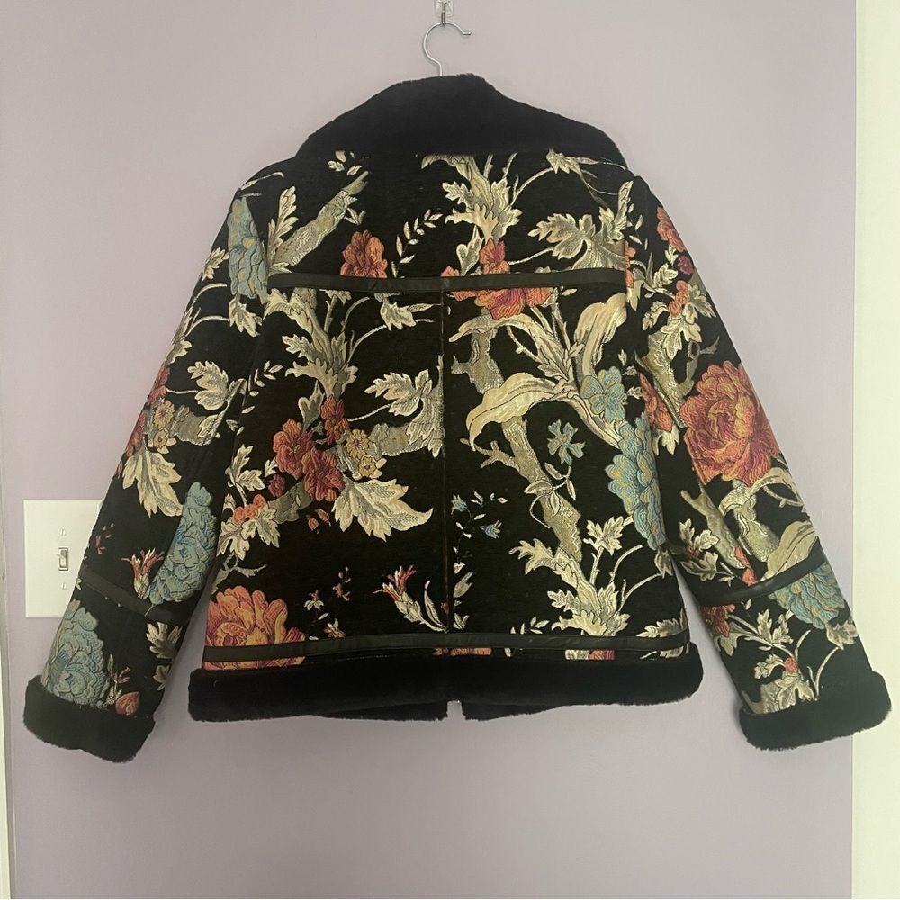 Bagatelle Black Floral Embroidered Jacket Faux Fur & Leather Trim - Picture 2 of 12